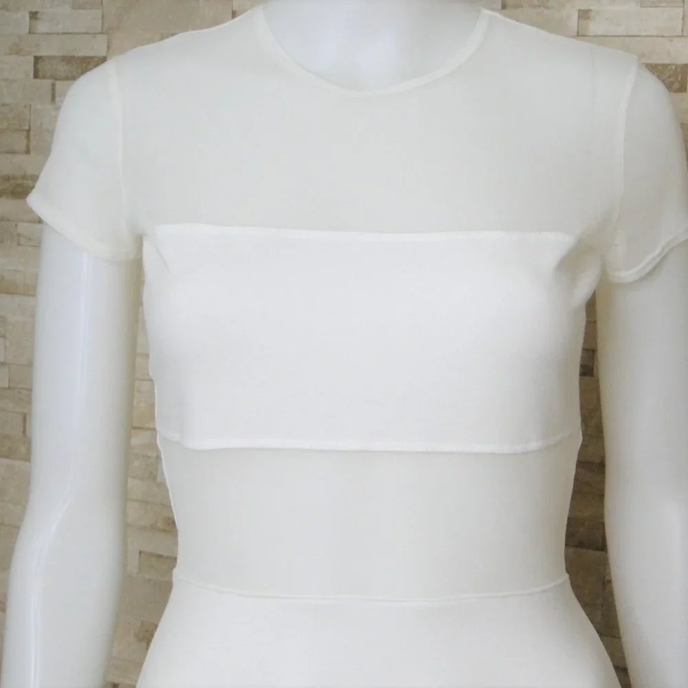 NWT White Fiona Ponte American Apparel Skater Dress Sheer Shoulders and Midrift - Picture 5 of 7